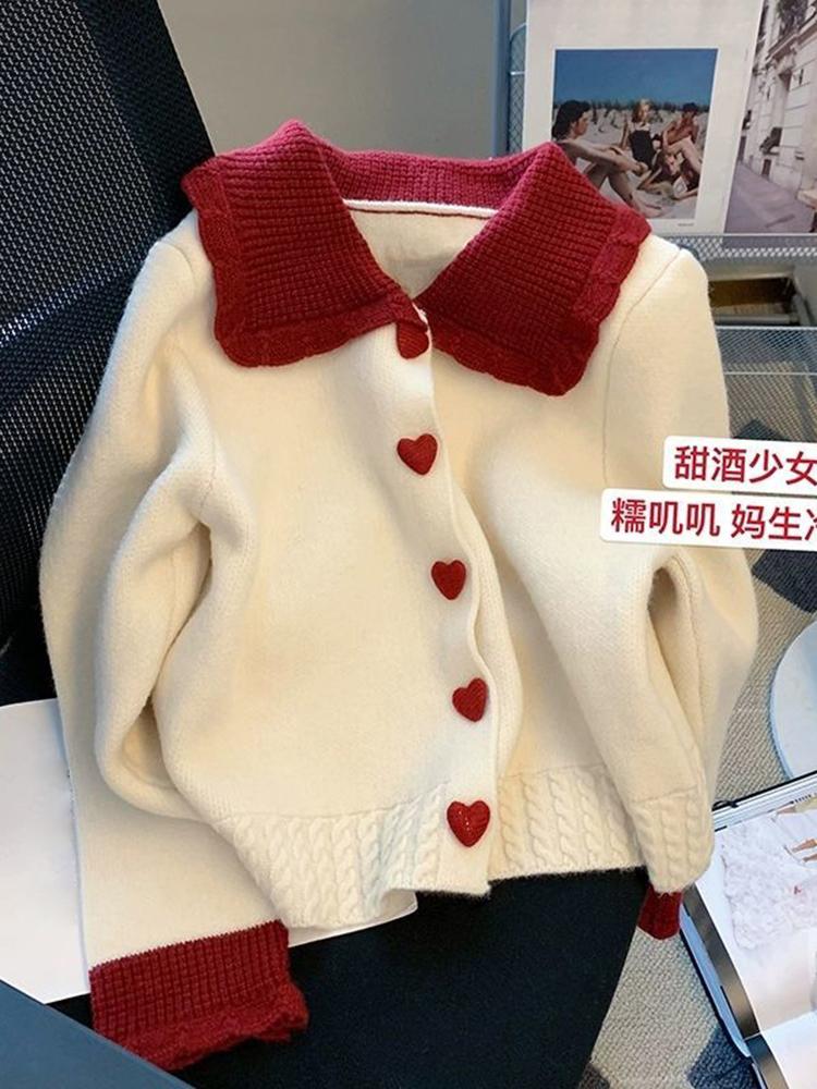 

Women's Knits & Tees Women Cardigan Beige Sweater Heart Button Korean Fashion Single Breasted Knitted Autumn Winter 2022 Sweet Patchwork Coa, Green