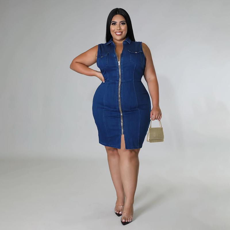

Plus Size Dresses Zipper Up Sleeveless V Neck Tank DressPlus, Blue