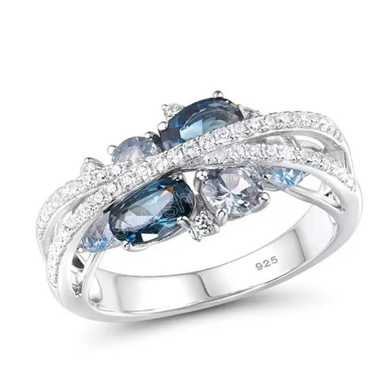 

Silver Band Rings for Women Blue Spinel Cubic Zirconia Wedding Engagement Ring Trendy Fine Jewelry