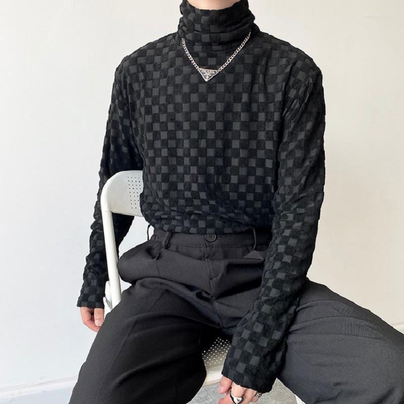 

Men's T-Shirts Autumn Winter Men's Combed Cotton Plaid Long Sleeve Turtleneck T-shirt Vintage Casual Bottomtee Shirt Men Trend Tshirts T, 1827 gray