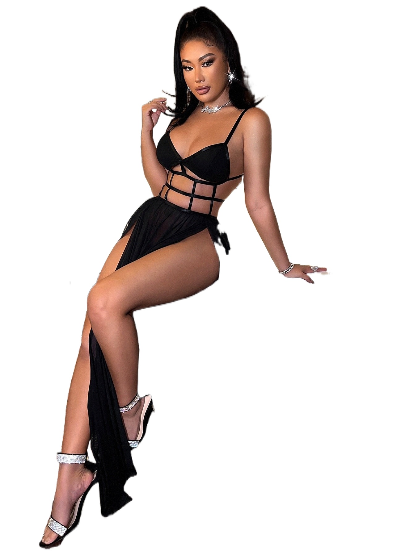 

sxy Cut Out M-slit Hem Mesh Maxi Cami Dress m9qt#, Black