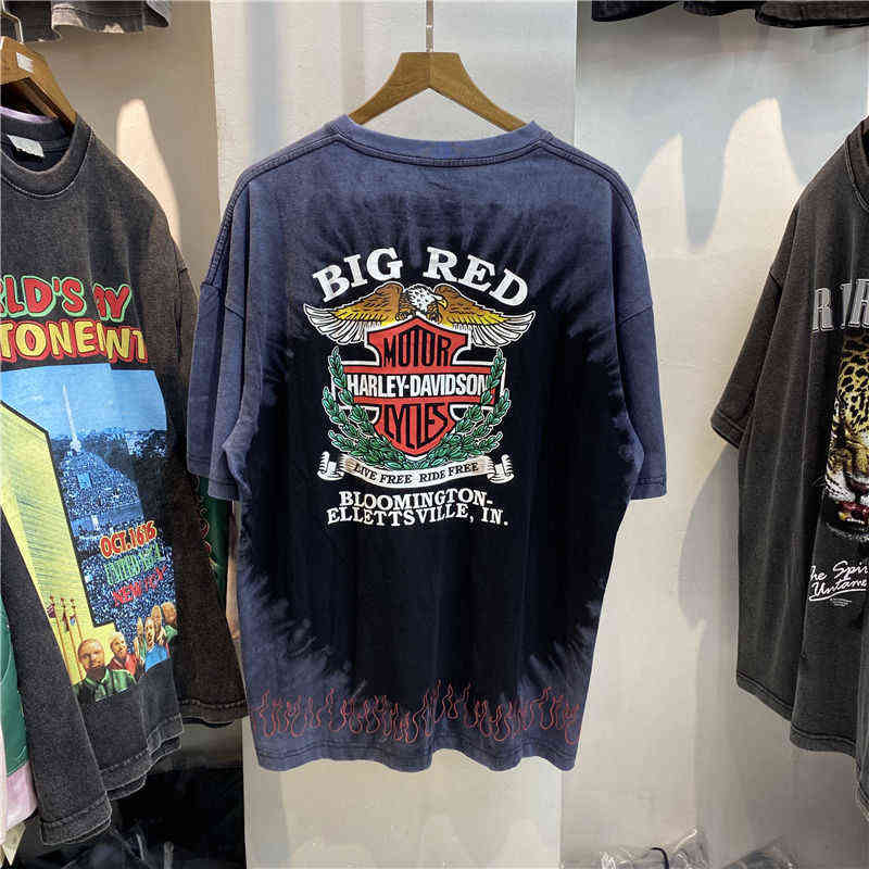 

Rhude American Harley Vintage Tie Dye Eagle Print Couple High Street Loose Short Sleeve Men's T-shirt, Blue