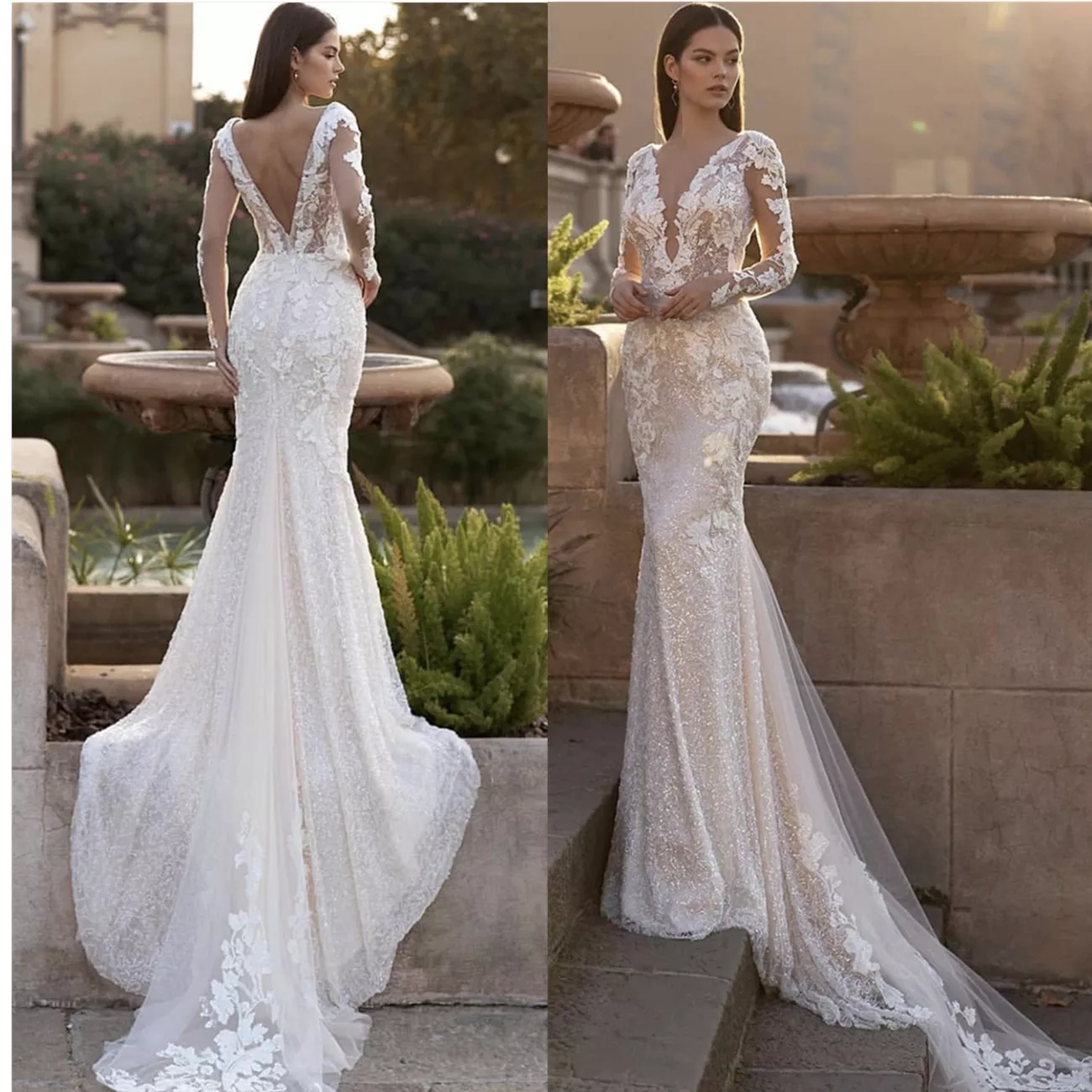 

2022 Luxury Lace Appliques Sequins Mermaid Wedding Dress V-Neck Long Sleeve Backles Sweep Train Bride Gown Vestidos De Noiva BES121, White