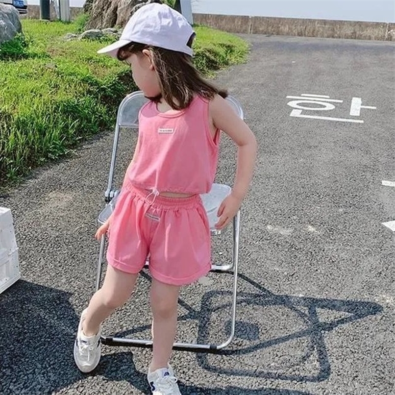 

Girls Summer Suit Korean Foreign Style Online Celebrity Children s Vest Sports Two piece 220614, Grey-set