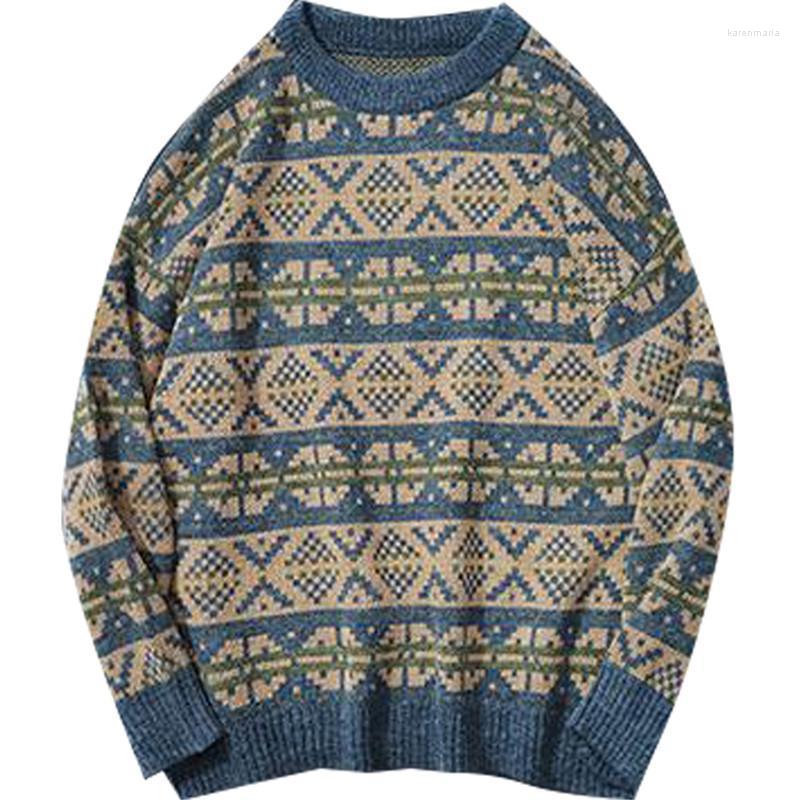 

Men's Vests Vintage Men Sweater Harajuku Fashion National Style Knitted Pullovers Streetwear Geometric Patterns Jumpers Retro Casual Kare22, Blue