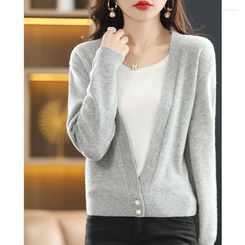 

Women' Knits & Tees 100%Pure Wool Cardigan Women Spring Short V-Neck Thin Coat Loose Solid Outer Shirt Cashmere Knit Shawl Sweater Female J, Black