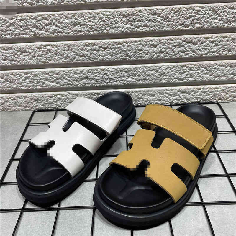 Slipper Designer Herme Chypre Summer Leather Velcro Sandals for Women Casual Flat