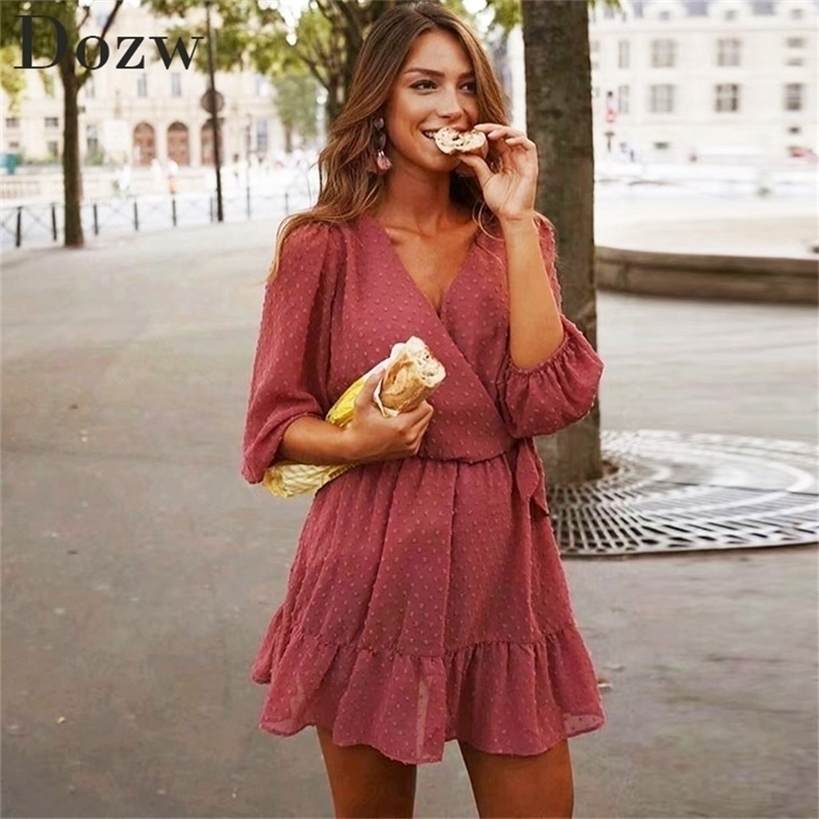 

Summer Women Ruffles Lace Chiffon Dress Boho Mini Beach Three Quarter Sleeve Ladies Party es Vestido 220321, Pink