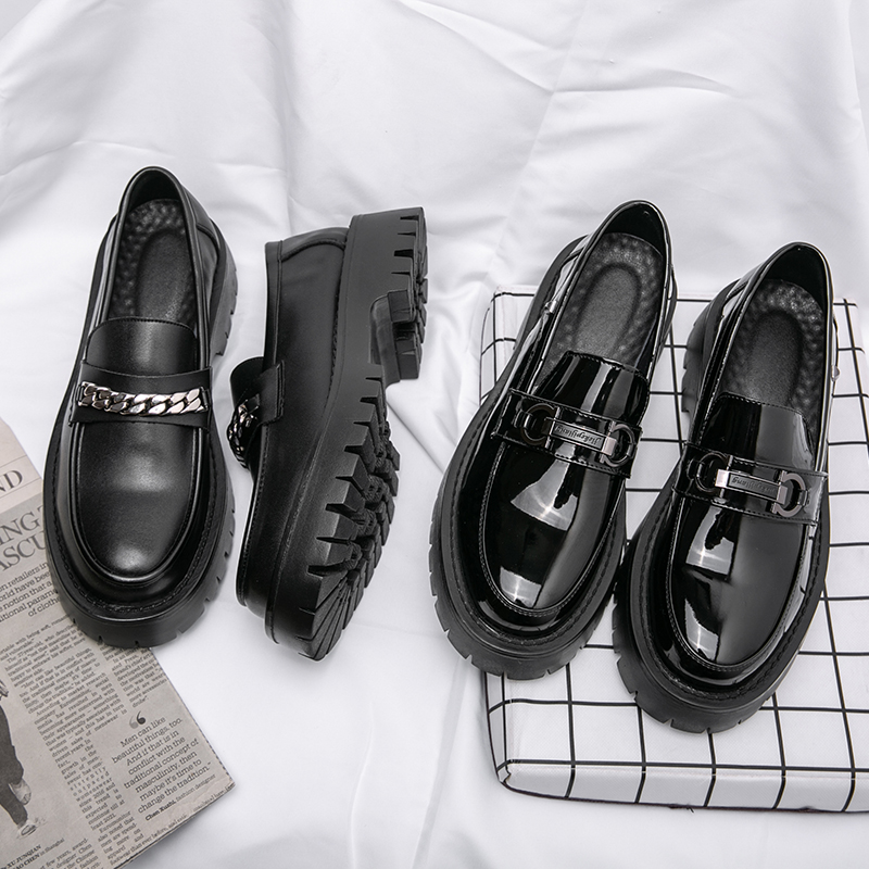 Thick Sole Loafers Men Shoes PU Classic Black Daily Fashion Chain Horsebit Decorative Teenage Height Increasing Leather Shoes DP439