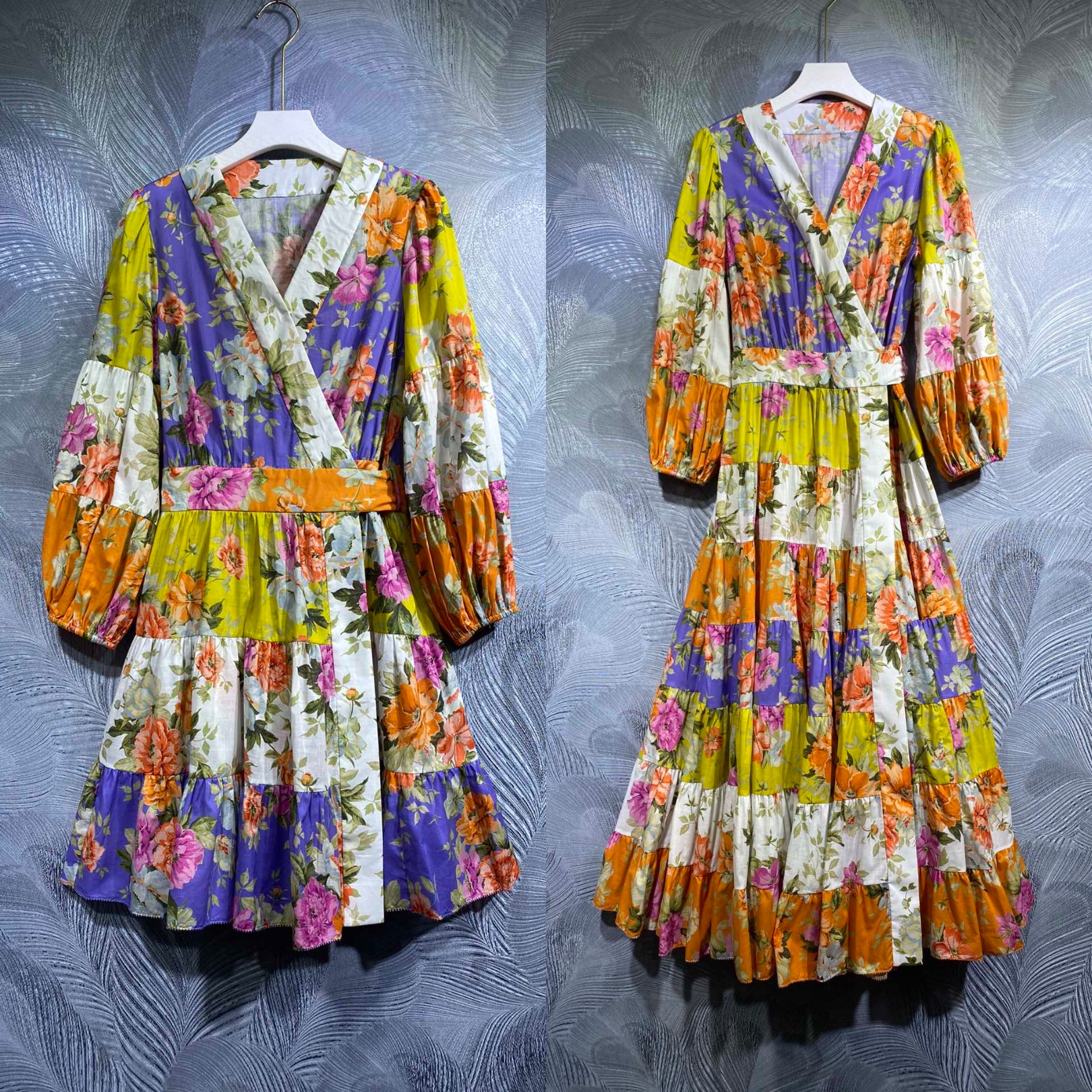 

High-quality summer retro 100% cotton printed V-neck dress, 110801 short