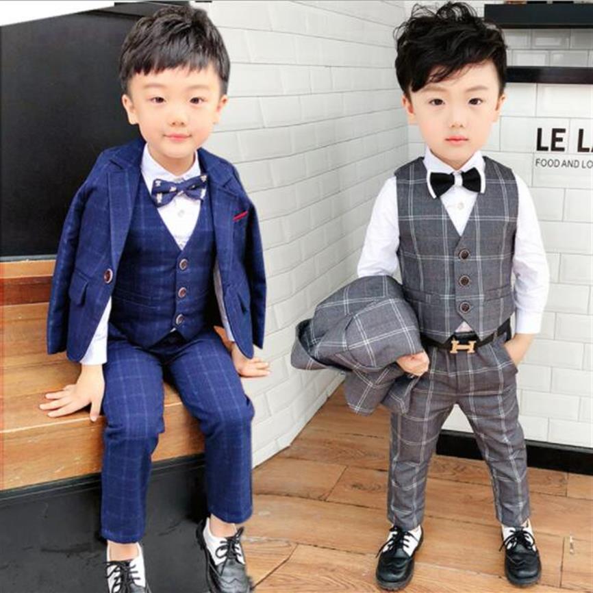 

New 3Pcs Boys Plaid set Wedding Suit England Style Gentle Formal Tuxedos Kids Spring Clothing Setcoat pants vest280c, Gray