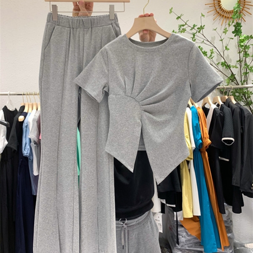 

Split Casual Flared Pants Slim Short Tshirt Twopiece Sports Suit Women Womens Two Piece Suit 220704, Dark grey