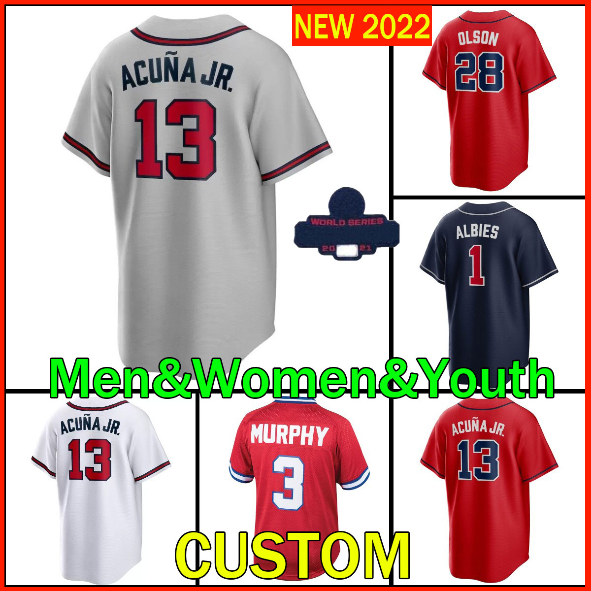 

2022 baseball Jerseys Custom S-3XL 28 Matt Olson Freddie Freeman Dansby Swanson 13 Ronald Acuna Jr. Ozzie Albies Mike Soroka 10 Jones Mens Women retro, As shown