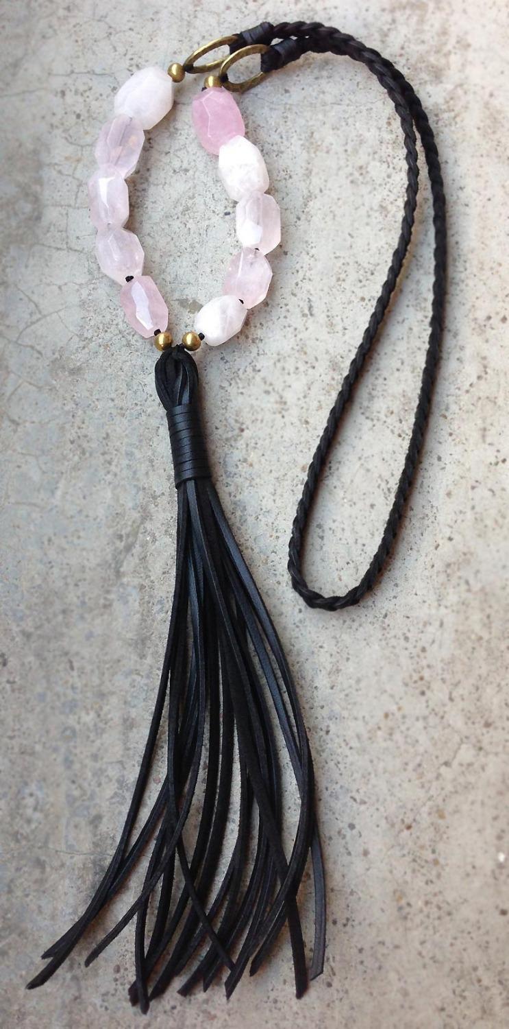 

Pendant Necklaces Rose Quart Pink QuartzFaceted Chunky Beads Leather Tassel Handmade Necklace 30inchPendant PendantPendant