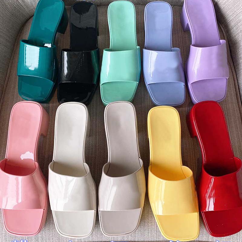 

Jelly Color Slippers Double Letter Printed Dress Shoes Square Toe Womens Sandals Chunk Heel Sliders Fashion Slide Summer Womens Shoe Flip Fl