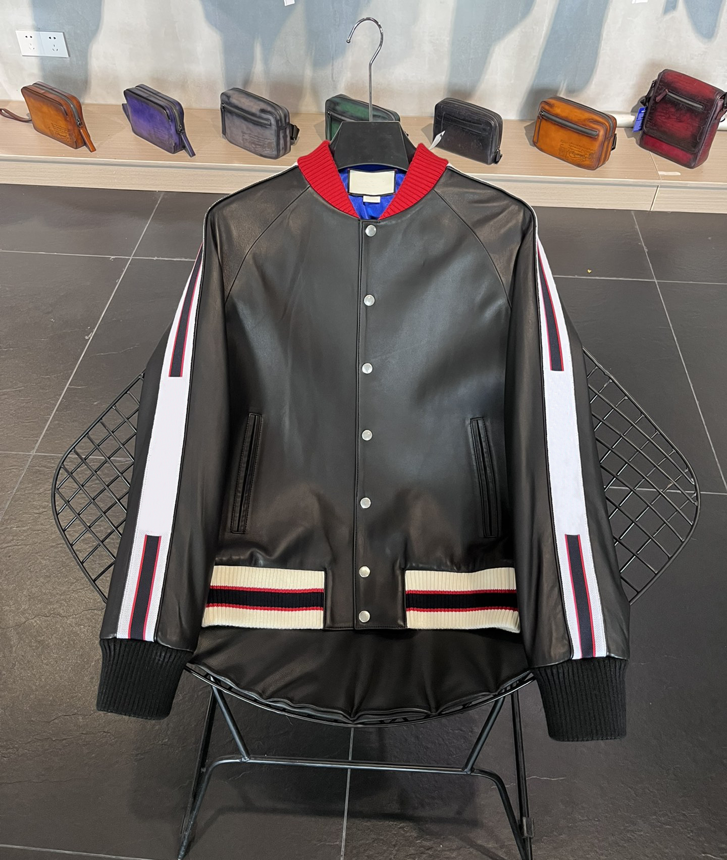 High quality clothing brand mens black leather jacket fashion stripe stitching design short motorcycle jacket soft sheepskin material single brea