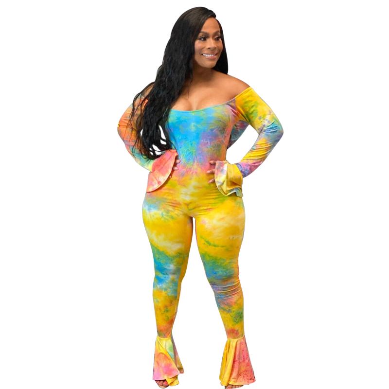 

Women' Two Piece Pants Fashion Printed Flared-sleeve Flared Trousers Jumpsuit Long-sleeved One-shoulder, Multi