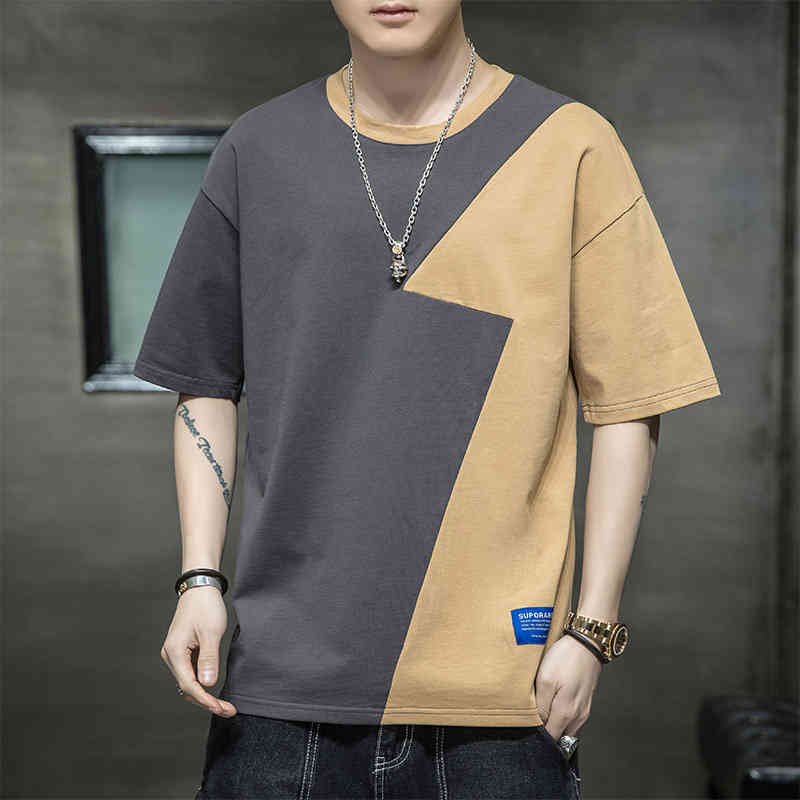 

Short t-shirt men's summer 2022 new trend half sleeve tide brand ins patchwork bottoming shirt, Light gray