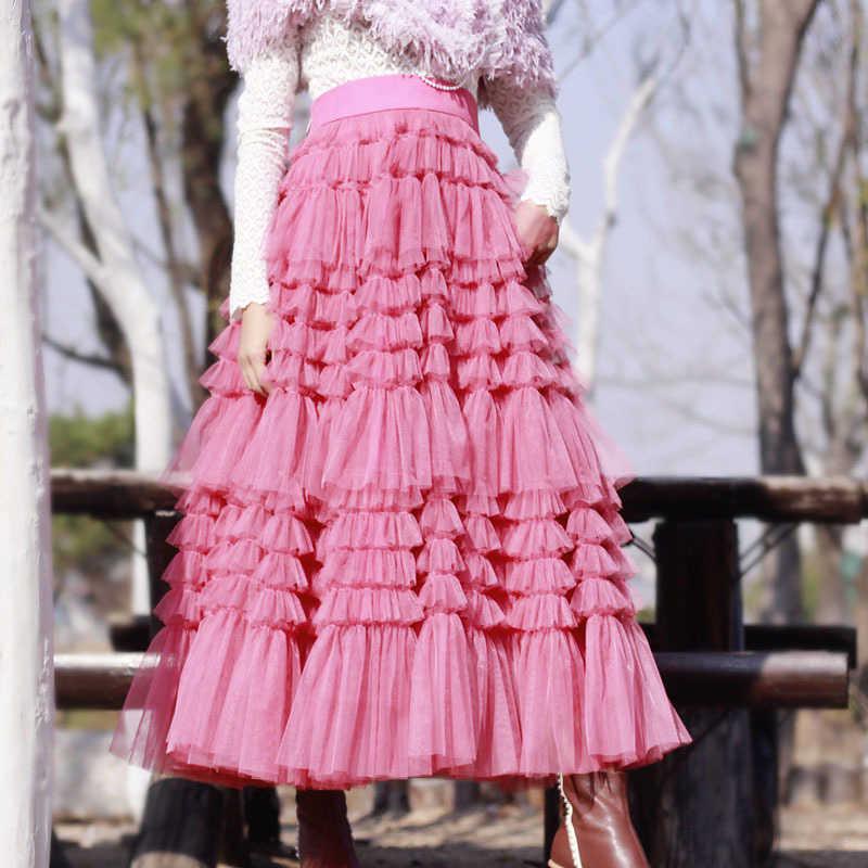 

Skirts Ruffle Elegant Midi For Women High Waist Female Black Patchwork Mesh Skirt Fashion ClothingSkirts