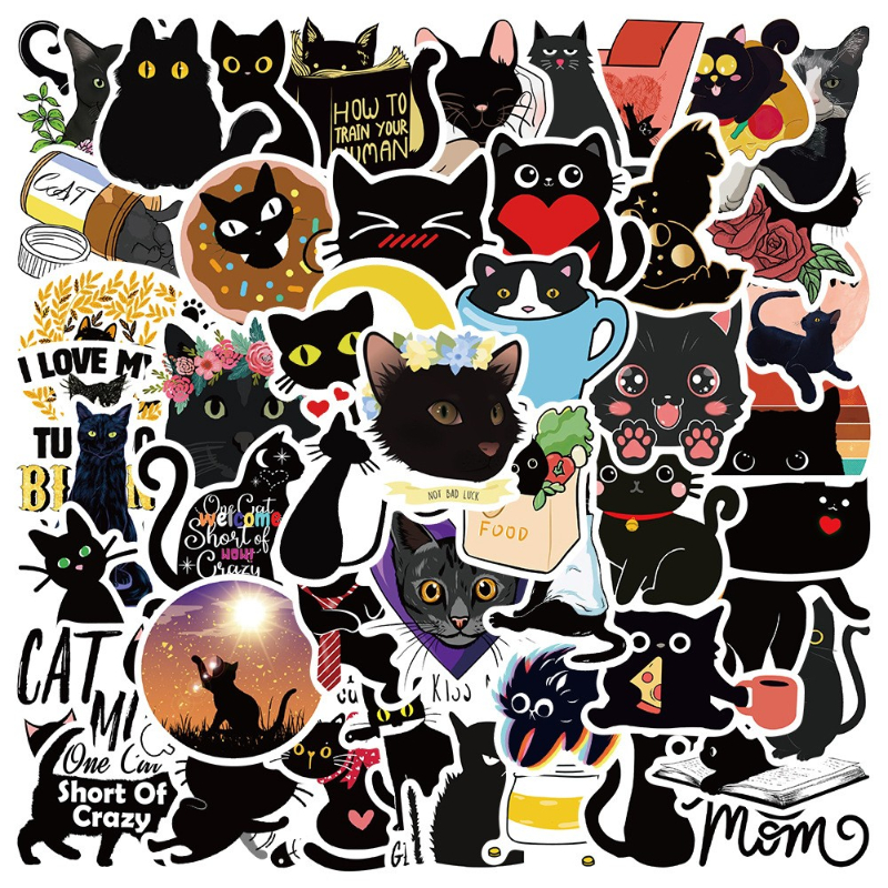 

50Pcs/Lot Cartoon Creative cute Black Cat Stickers Bombay Cat Graffiti Sticker for DIY Luggage Laptop Bicycle Decals, Multi colors