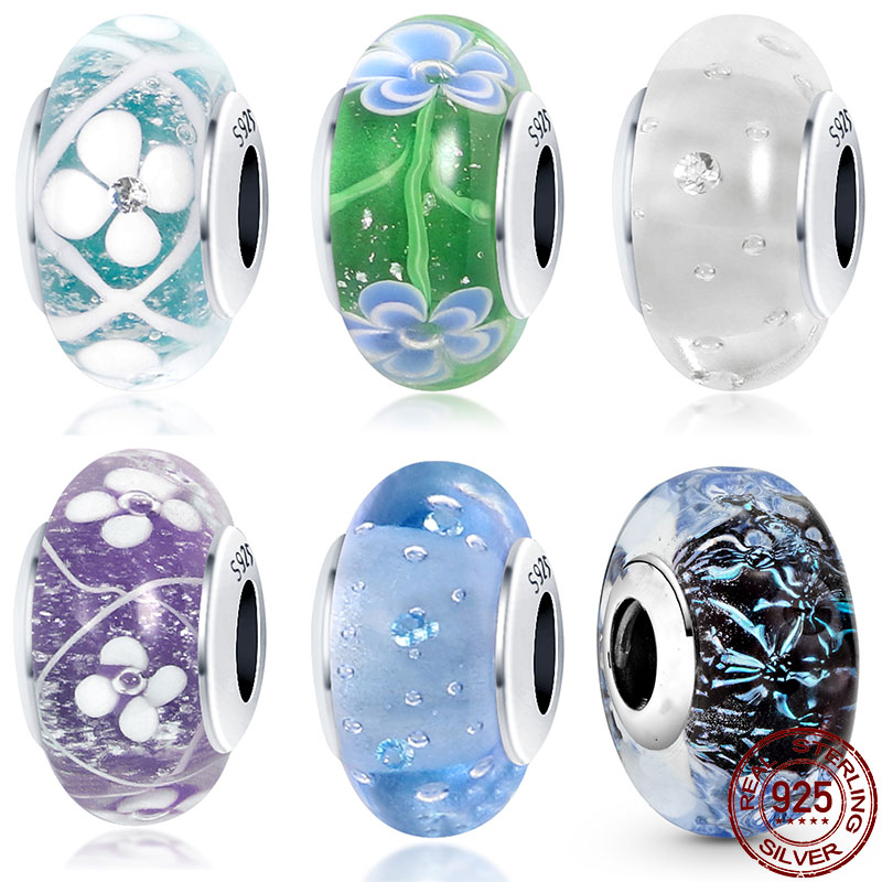 925 Sterling Silver Dangle Charm Perles De Verre À Motifs Perle Fit Pandora Charms Bracelet DIY Bijoux Accessoires