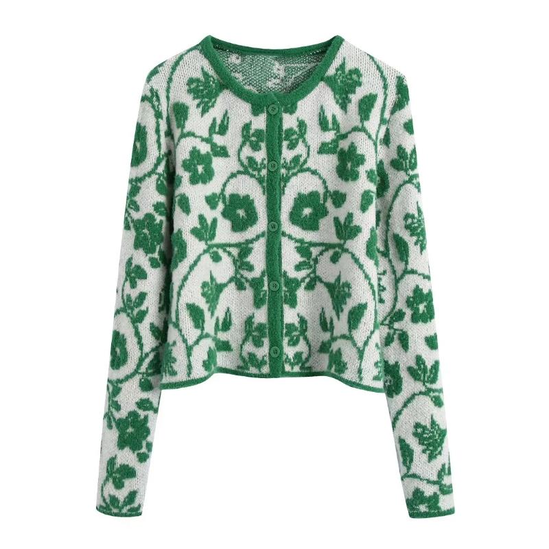 

Women' Knits & Tees Fashion Green Jacquard Women Cardigan Spring Autumn Long Sleeve Elegant Female Single Breasted Sweater Harajuku Knitted