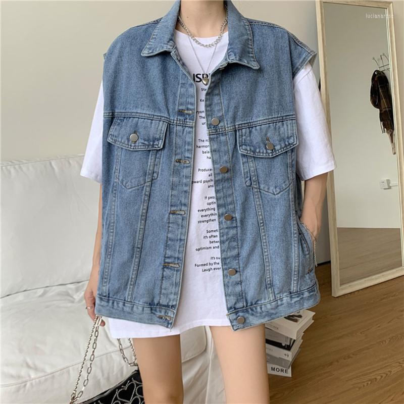 

Women's Vests Sleeveless Jackets Denim With Pocket 2022 Summer Waistcoat Streetwear BF Jeans Vest Outerwear Retro Colete Blue Luci22