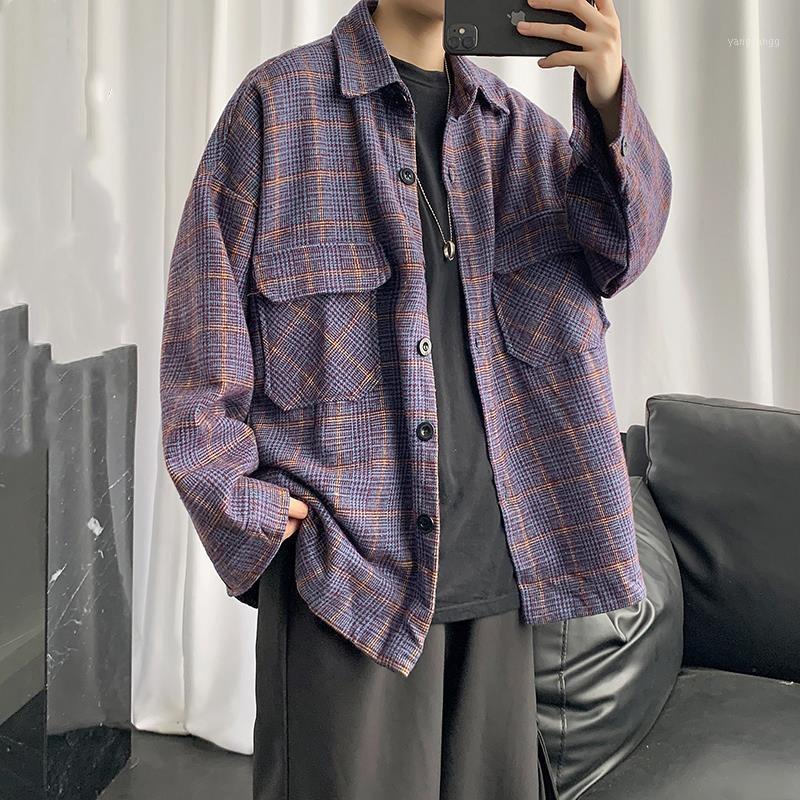 

Spring Fashion Purple Men's Plaid Shirt Thick Loose Retro Long Sleeve All-match Harajuku Button Up Korean Clothes Casual Shirts