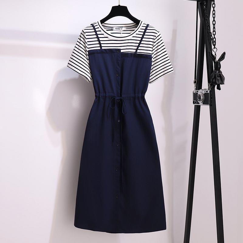

Plus Size Dresses Striped Stitch Short Sleeved Midi 5Xl Large Vintage Casual Robe Spring Summer Clothes Dress For Women'S 2022 Sukienka, Navy blue