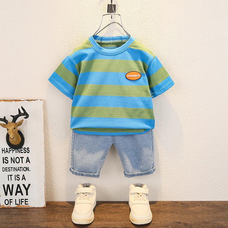 

Clothing Sets Summer Infant Children Baby Girls Boys Clothes Short Sleeve Suit Big Strips T Shirt Pants 2Pcs/Sets Kid Leisure CostumeClothin, Zl s kauntiao blue