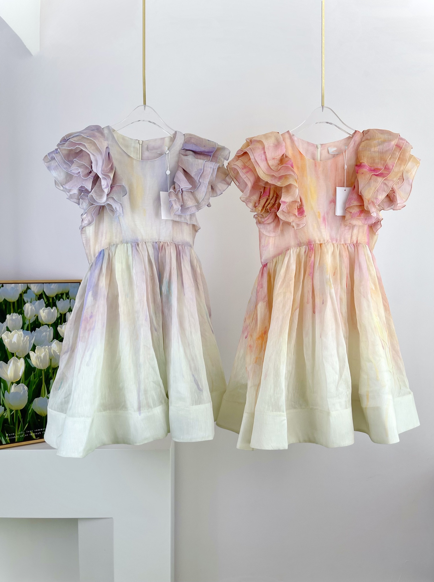 

2022 summer new dress Australia Silk linen Organza FABRIC layered Ruffle halo print Mini Dress, Pink