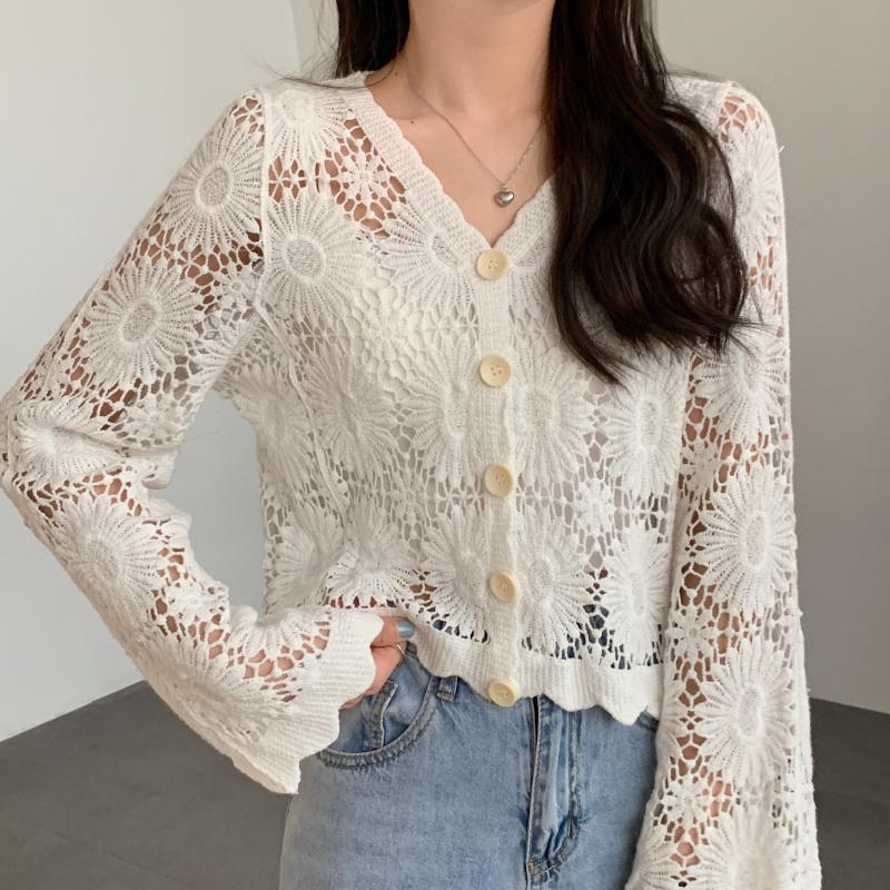 

Women's Knits & Tees All Match Spring Lace Cardigan For Women 2022 Sweet Cropped Tops Office Lady Elegant Hollow Out Shirts Ropa MujerWomen', White