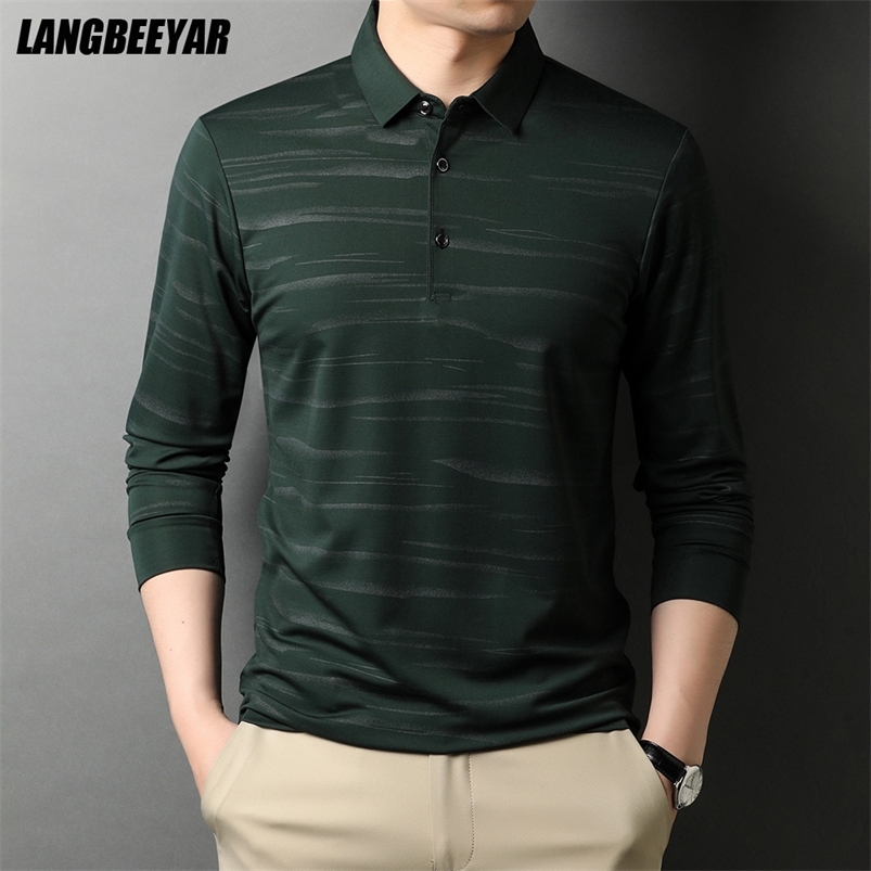 

High End Designer Fashion Brand Polo Shirt Men Black Striped Plain Korean Casual Long Sleeve Tops Men Clothes 220418, Navy blue