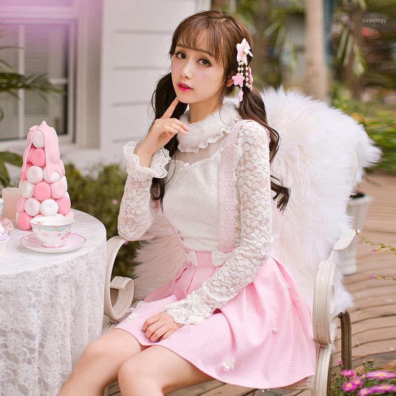 

Women' Blouses & Shirts Princess Sweet Lolita White Shirt Candy Rain Long Sleeve Blouse Lace Embroidery Fur Collar Nail Bead Bow Decoration