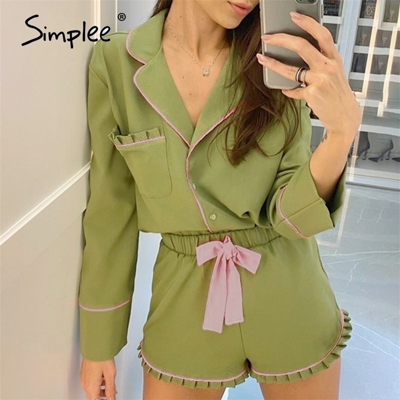 

Women Green Casual Pajamas Pyjamas Set Long Sleeve Sleepwear Pijama Suit Female Sleep Two Piece Women Set Loungewear 201114