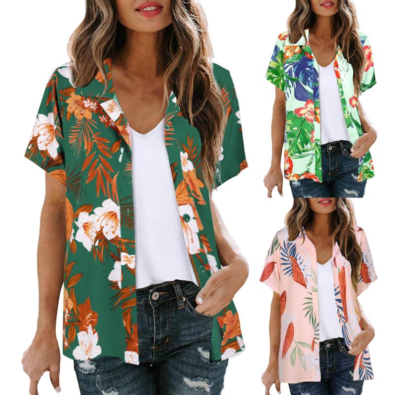 

Women' Blouses & Shirts Fashion Women 2022 Elegant Summer Floral Going Out Button Down V Neck Short Sleeve Wear Blusa FemininaWomen, Army green