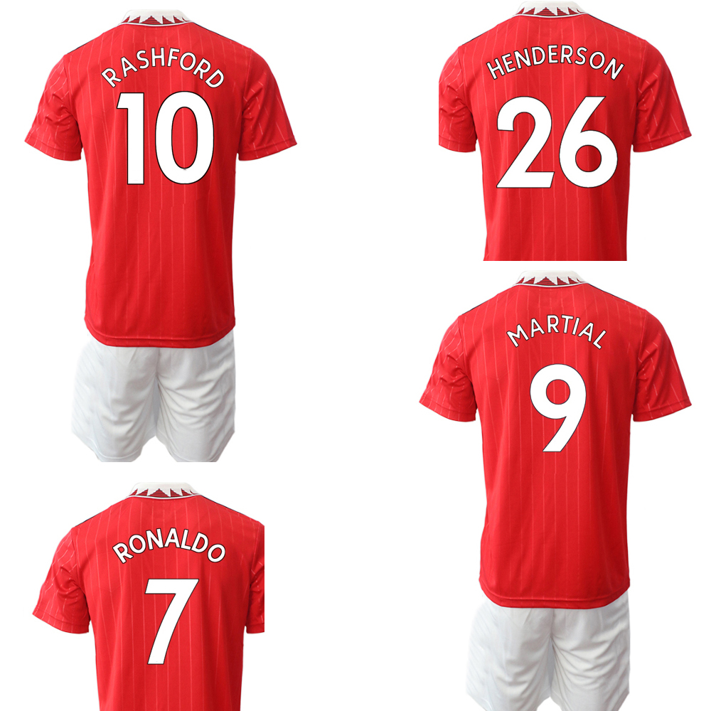

Customized 22 23 18 B.FERNANDE Soccer Sets With Shorts Rashford 10 7 6 POGBA 8 MATA 19 21 5 Maguire uniforms kits, 22-23 home red