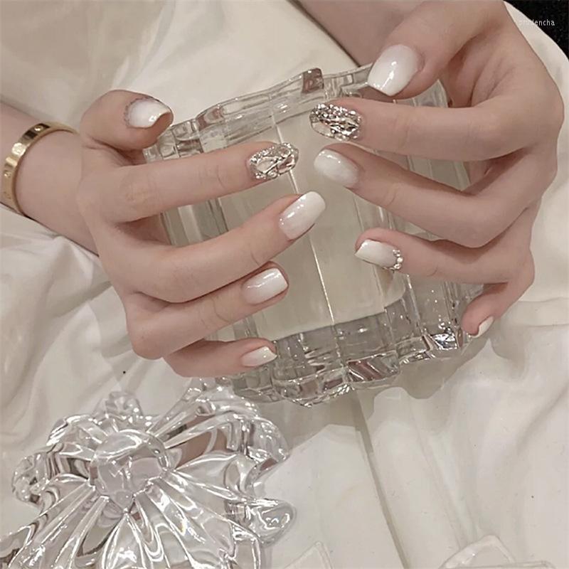 

False Nails 24pcs Artificial With Glue Squoval Mid-length White Diamonds And Nail Sticker Finished Fake Press On Designs DL Prud22, As pic