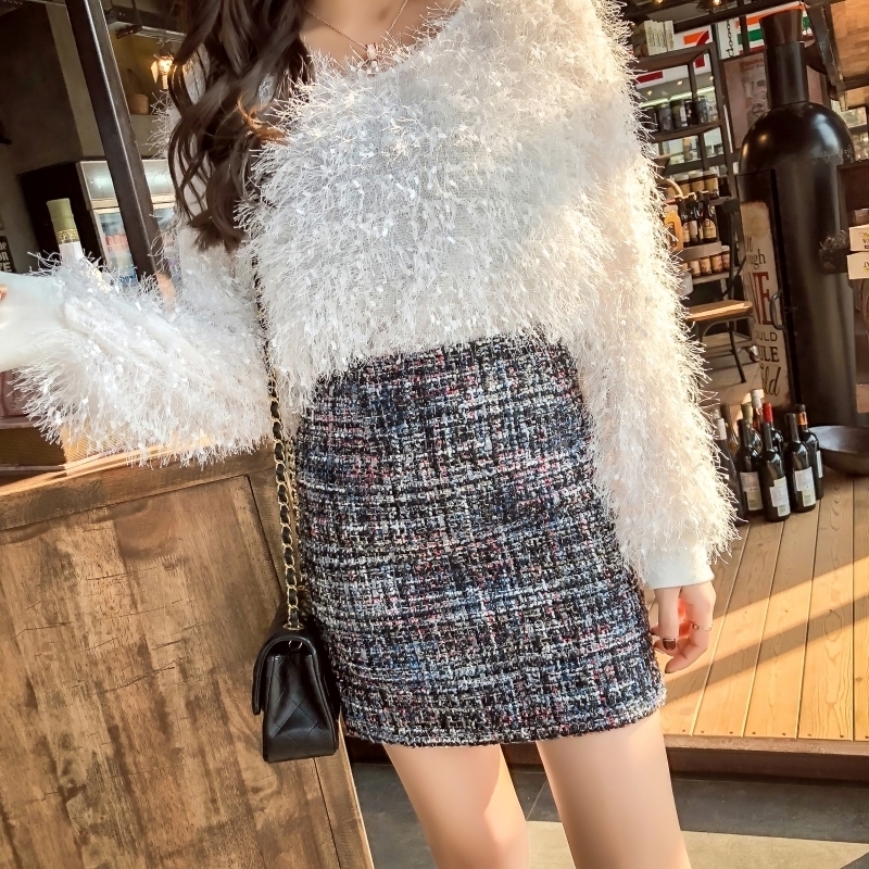 

Winter T Skirt Mini Pencil Skirts Plaid Wool Skirts Korean Bodycon High Waist Elegant T Skirt Lady Vintage Y200326, Beige