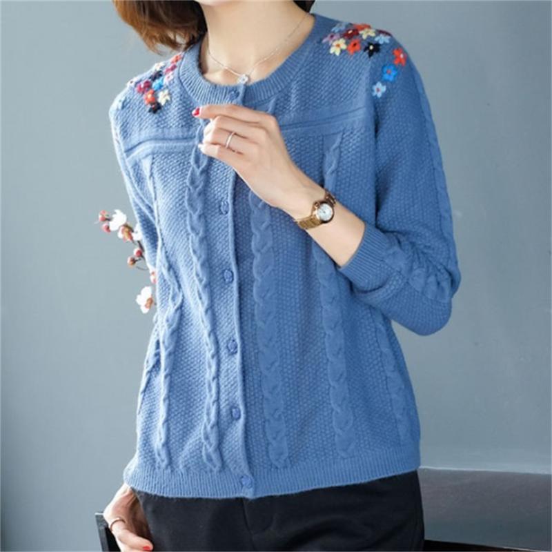 

Women's Knits & Tees Vangull Autumn Embroidery Sweater Cardigans Women Solid O-neck Casual Single Breasted Spring Loose Korean Style, White