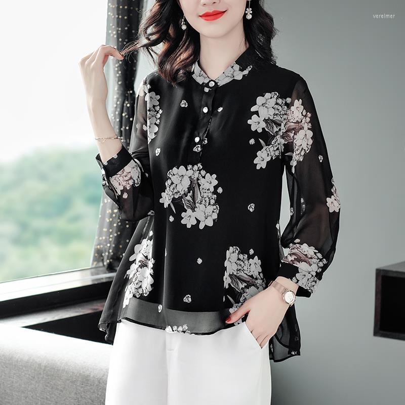 

Women' Blouses & Shirts Chiffon Spring Summer Women Elegant Temperament Casual Print Stand-Up Collar Ladies Loose Tops Blusas MM0328Women, Red three quarter