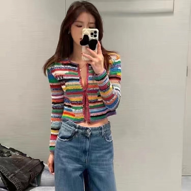 

Miu2022 new autumn winter coat women's fashion casual jacket spring rainbow striped knit cardigan Mother's Day gift Valentine's Day birthday Thanksgiving Christmas, Multi