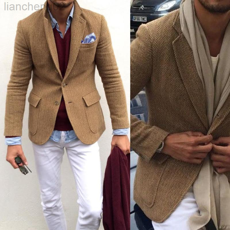 

Men's Suit Jacket Herringbone Tweed Wool Jacket Winter Warm Short Jacket Retro Slim Fit Men Blazer L220805, Burgundy