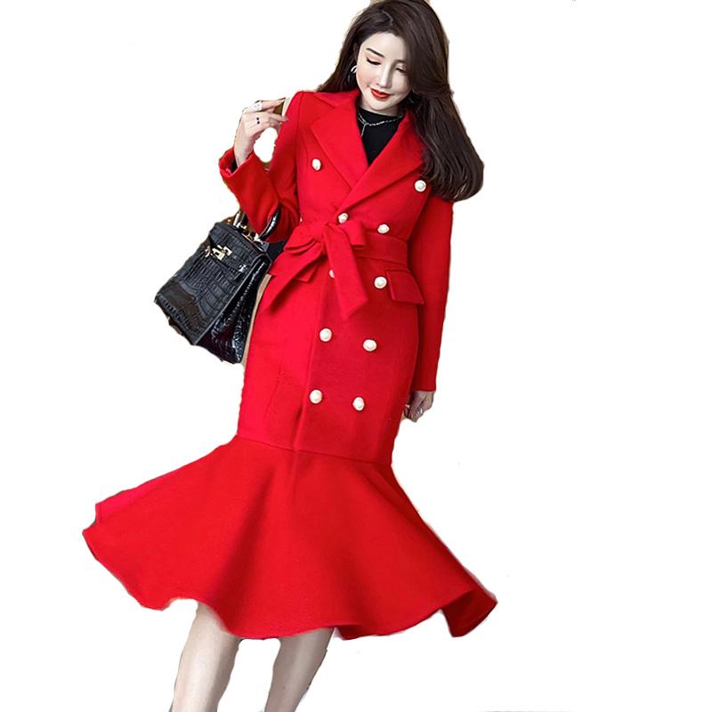 

Women' Wool & Blends Women' Autumn And Winter Woolen Coat Suit Collar Double-breasted Long Red Black Dark BlueWomen