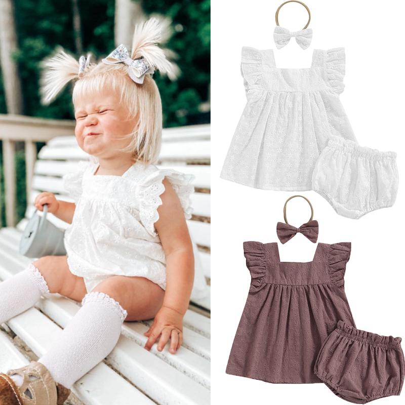 

Clothing Sets 3pcs Summer Baby Girls Cotton Clothes Outfits Hollow Out Flower Tank Tops Ruffles Shorts Hairband Set For Toddlers BornClothin