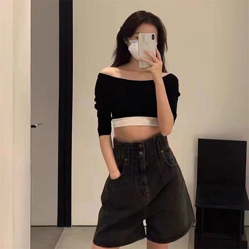 Women's Sweaters Crop Top 7 Minutes Sleeve Shirts Sex Blouse Tall Waist Shows Navel Short In Black Color