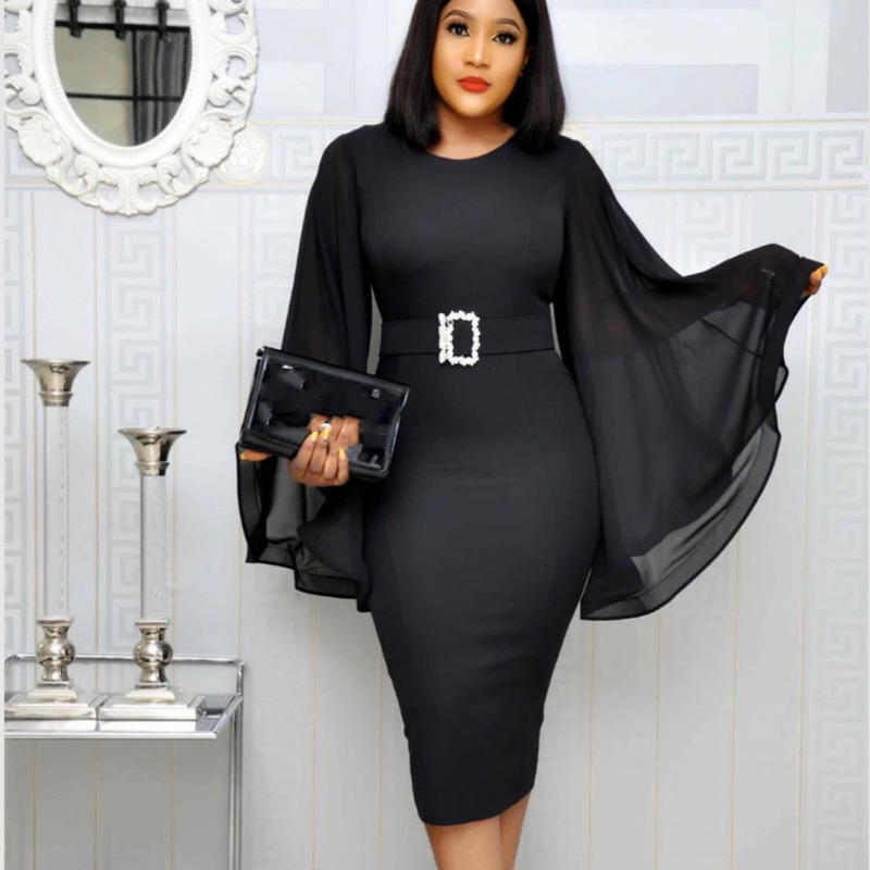 

Black Elegant Party Dress Women Office Fashion Chiffon Flare Long Sleeve Sexy Bodycon Belt Ladies Autumn Midi Dresses 220721, White