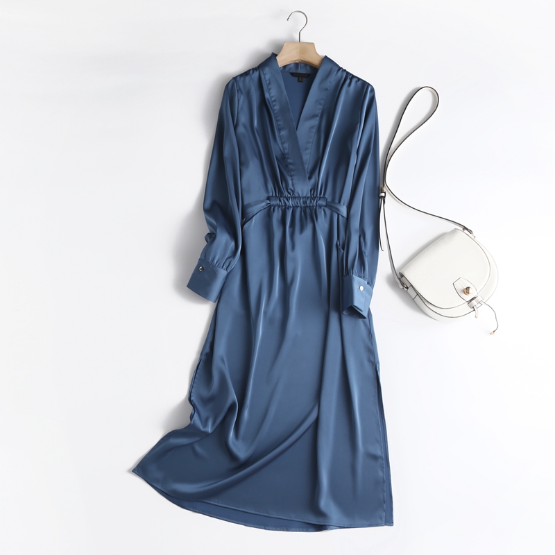 

Autumn Fashion Women Elegant Satin Dress Long Sleeve Office Ladies Midi Dress with Slash, Blue