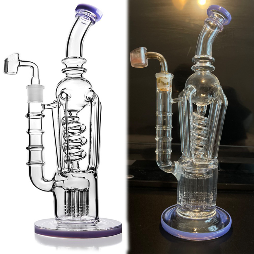 

purple glass bong recycle oil rigs smoking pipe freezable handmade 14 mm joint glass water pipes recycler dab rig water bongs