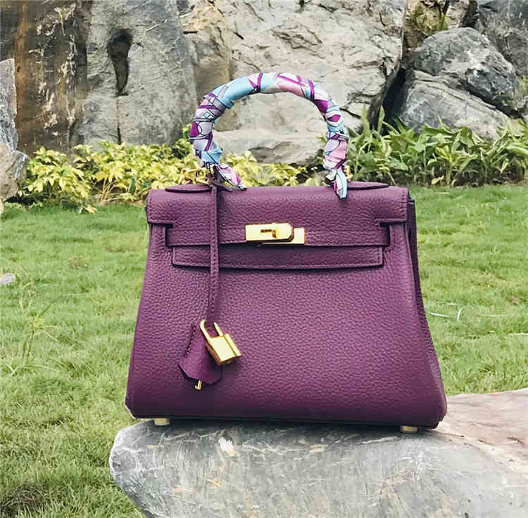 

Designer Handbags Herme Bag keilyss Bag Purple Lychee Grain Head Layer Cow Leather Portable One Shoulder Messenger Bag, 25x19x10cm